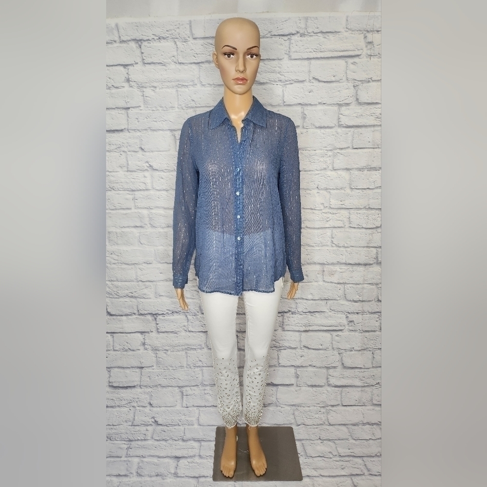 NWT L'agence Nina Womens blue lurex crinkled button down blouse Sz XS